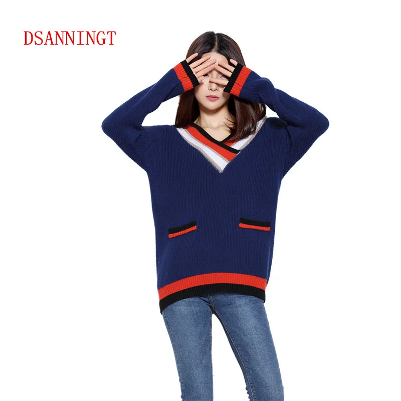 Women Sweaters And Pullovers Long Sleeve Knitted V-Neck Pullover Sweater Women Winter Knitwear Patchwork Loose Cashmere Sweater