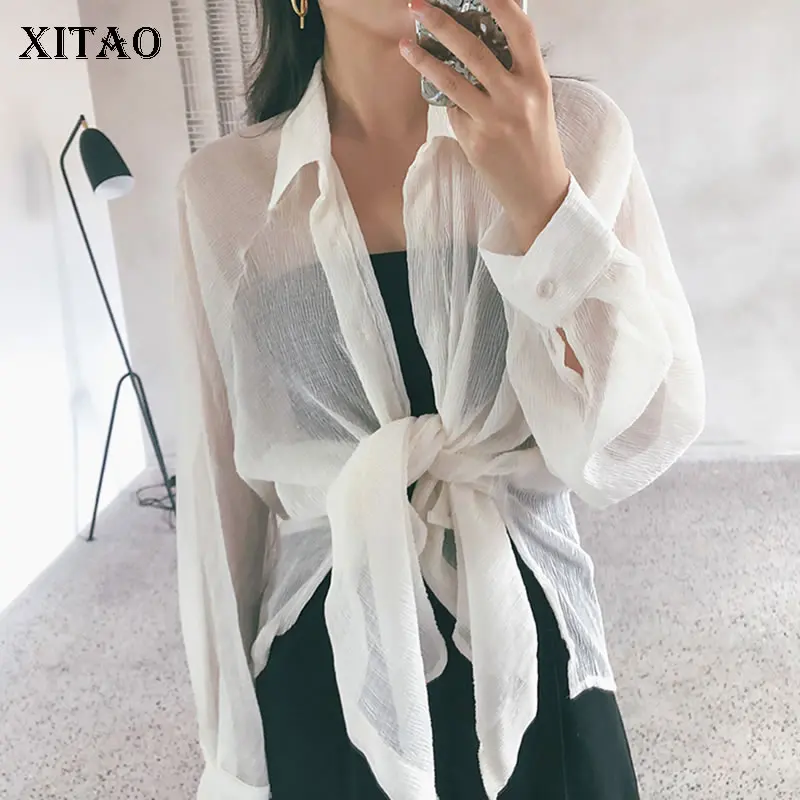 

[XITAO] 2019 New Europe Casual Loose Full Sleeve Solid Color Turn-down Collar Fashion Women Summer Cardigans Blouse XJ1427
