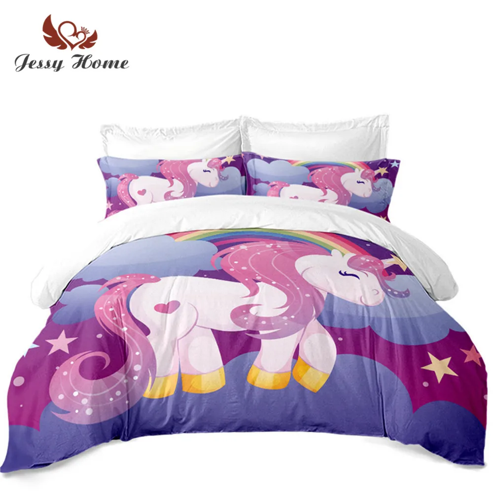 3/2Pcs Unicorn Bedding Set Kids Princess Cartoon Duvet Cover Set Rainbow Heart Print Bed Cover