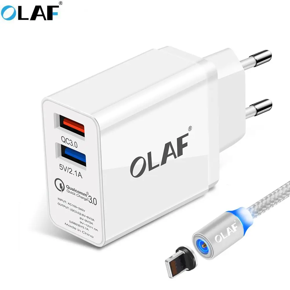 Зарядное устройство OLAF с двумя портами USB, 30 Вт, быстрая зарядка 3,0, зарядное устройство для мобильного телефона, для путешествий, штепсельная вилка европейского стандарта, настенный адаптер, магнитный кабель Micro USB