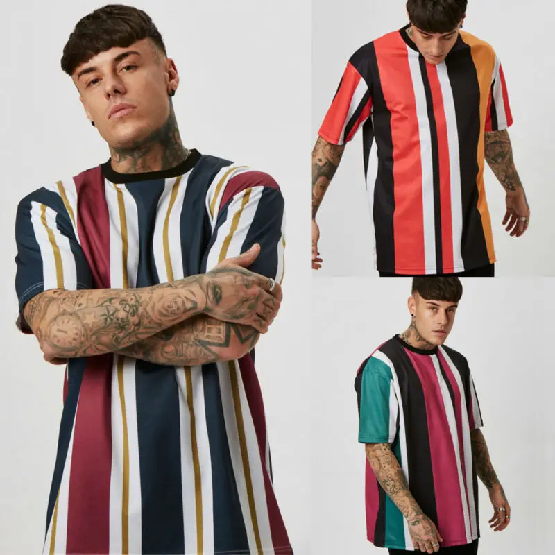 

US Round Neck Colorblock Striped T-shirt Men's Round Neck Short Sleeve Striped T-Shirt Street Hip Hop Sports T-Shirt