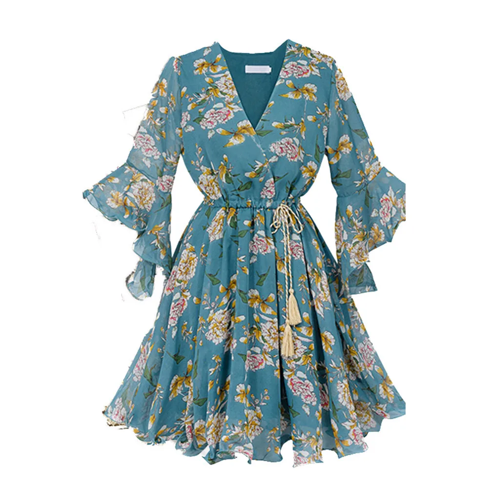 Женское шифоновое платье с цветочным принтом, большие размеры, v-образный вырез, рукав три четверти, с лепестками, с поясом, повседневное платье, весна-лето, vestidos