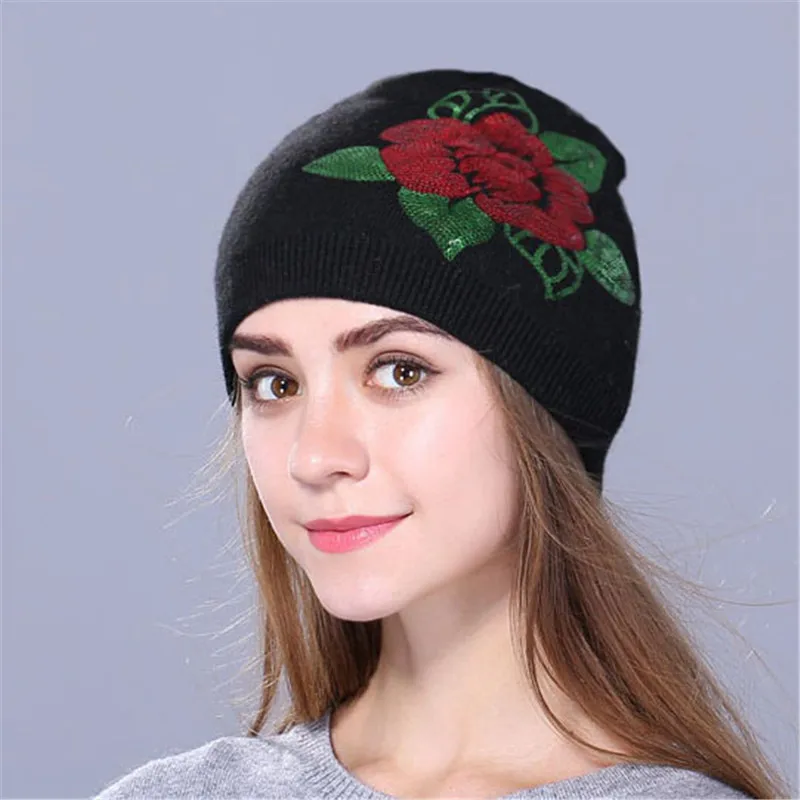 Xthree, Женская кашемировая зимняя шапка, вязаная, Skullies Beanies, шапка для женщин, шерстяная, вышивка, цветок, шапка для девочек, gorros - Цвет: Черный