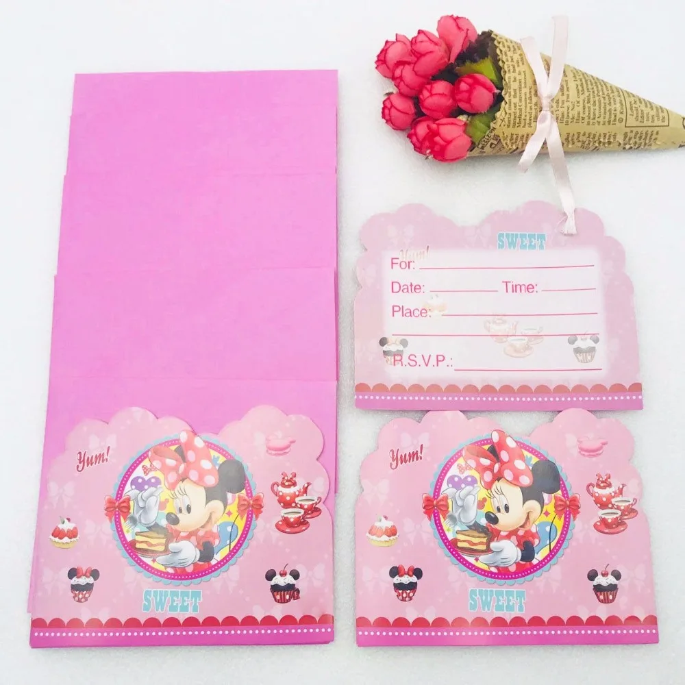 

6pcs/lot Invitation Card Minnie Mouse Supplies Party Invitation Card Children Birthday Decorations Kid Festival