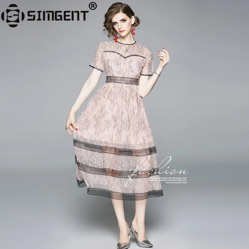 

Simgent New Fashion Summer Short Sleeve Slim Elegant Flare Lace Dress Long Woman Clothes Pink Robe Dentelle Vestidos SG9615