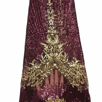 

2018 High Designer Wine Red Nigerian Guipure Lace Applique French Tulle Lace Fabric With Sequins Embroidered Lace For Wedding