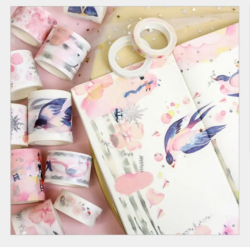 

Hot silver pink flower rain/silk ribbon/princess dream/swallow feather washi Tape DIY planner scrapbooking masking tape escolar