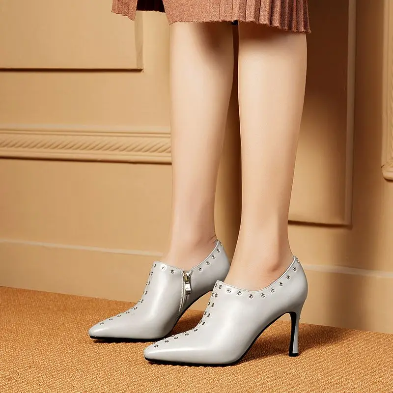 ALLBITEFO genuine leather super high heel shoes office career fashion comfortable metal decoration women heels high heels