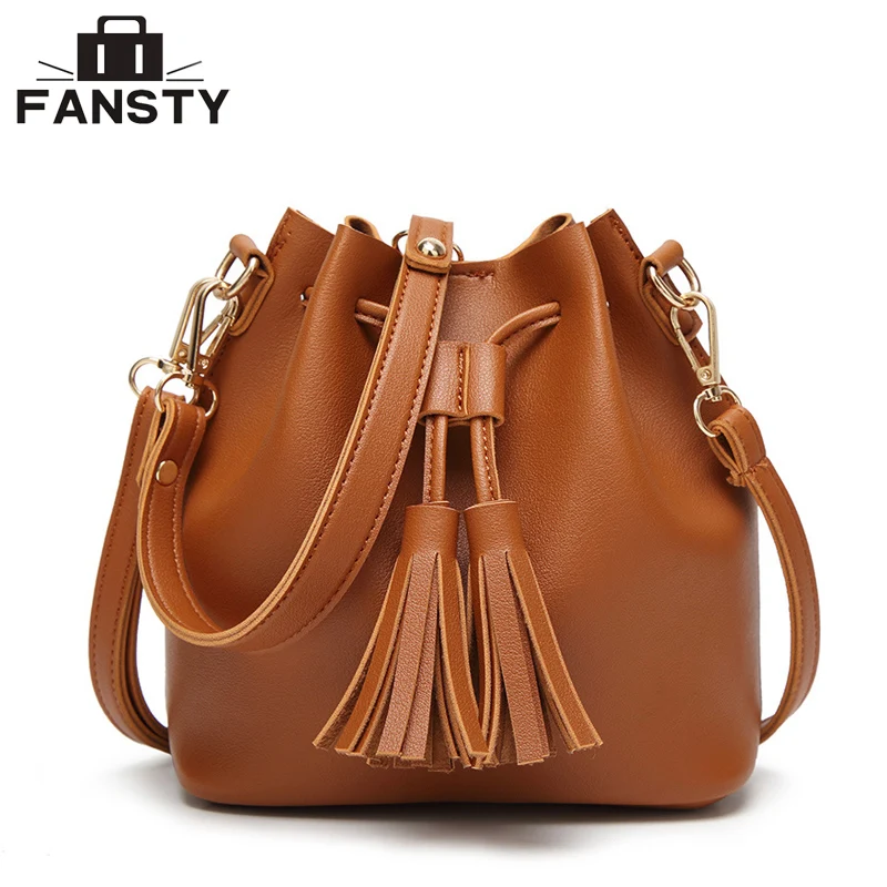 New Brand Designer Women Bucket Handbag Fashion Solid Tassel String Lady Shoulder Cross Body Bag PU