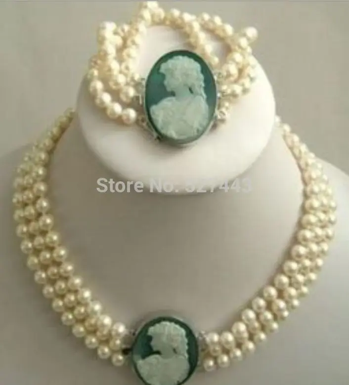 

Hot sell Noble- Wholesale 3Strand 7-8mm White Akoya Pearl Cameo Necklace Bracelet (A0516)