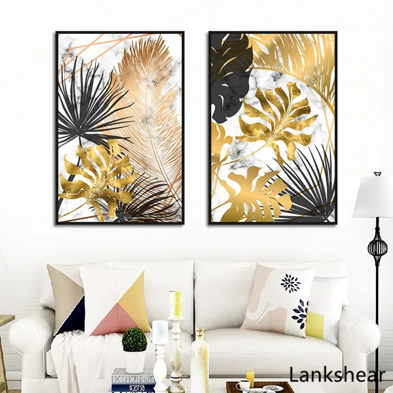 

Scandinavian Style Poster Marble Golden Leaf Art Plant Abstract Painting Living Room Decoration Pictures Nordic Decoration