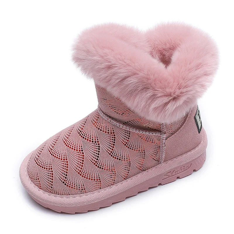 Kopen Nieuwe Winter Kinderen Snowboots Voor Meisjes Bont Boot Fashion Kids Schoenen Keep Warm Fashion Zachte Meisje Lederen Konijn haar laarzen
