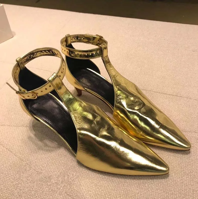 

2018 Hot Spring Summer Shoes Woman Pointed Toe T-strap Pumps Med Heels Designer Woman Silver Golden Ankle Strap Woman Pumps T