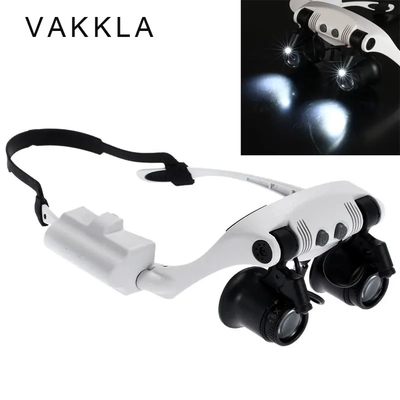 

VEKKLA 10x 15x 20x 25x Magnifying Glass 2 LED Light Double Eye Loupe Head for Wearing Repair Jeweler Watch Clock Magnifier