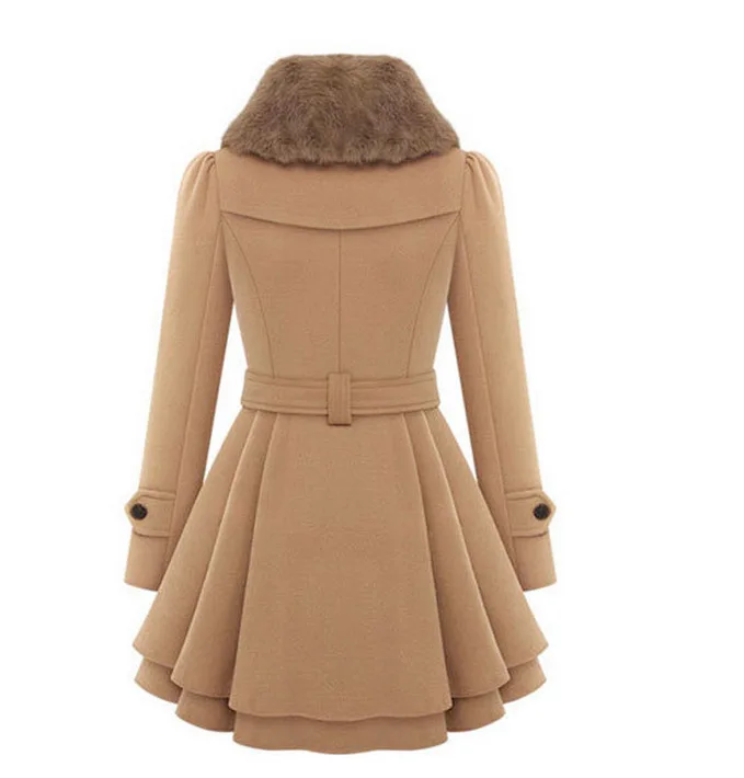 Модное женское осеннее зимнее теплое шерстяное пальто Верхняя одежда средней длины с меховым воротником Повседневная Толстая куртка пальто