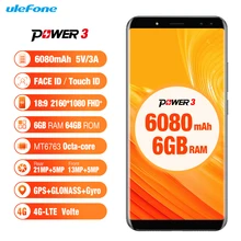 Ulefone Power 3 Android 7.1 6.0” 18:9 FHD+ Glonass 21MP Face ID Quad Cam 6080mAh MT6763 Octa Core 6GB+64GB 4G Mobile Phone HiFi