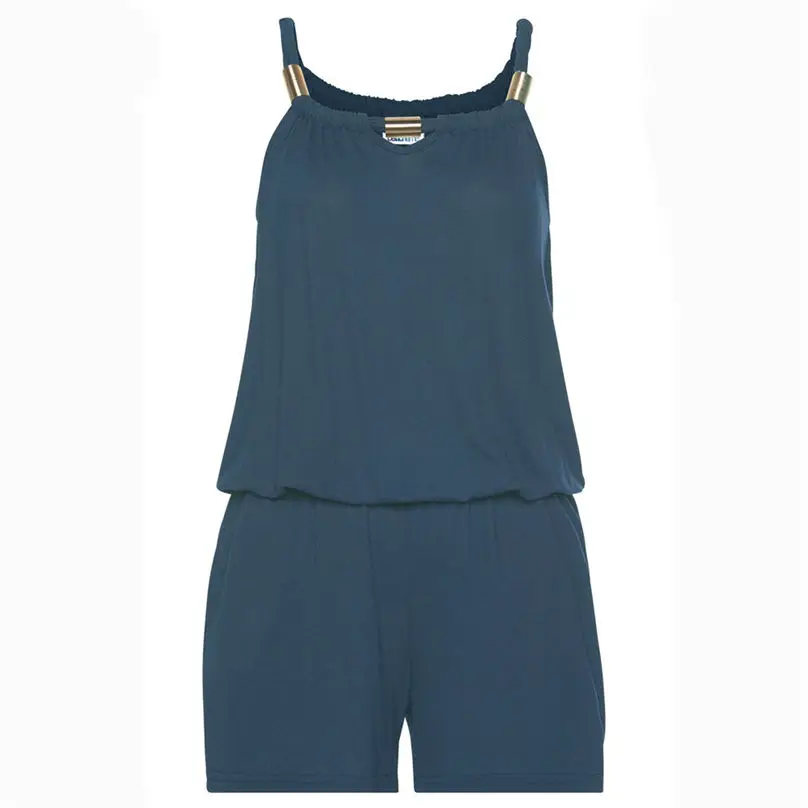 Womens Fashion Casual Summer Rompers Plus Size Slim Blue Jumpsuit Sleeveless Solid O-Neck Short Pants Playsuit 3Y02