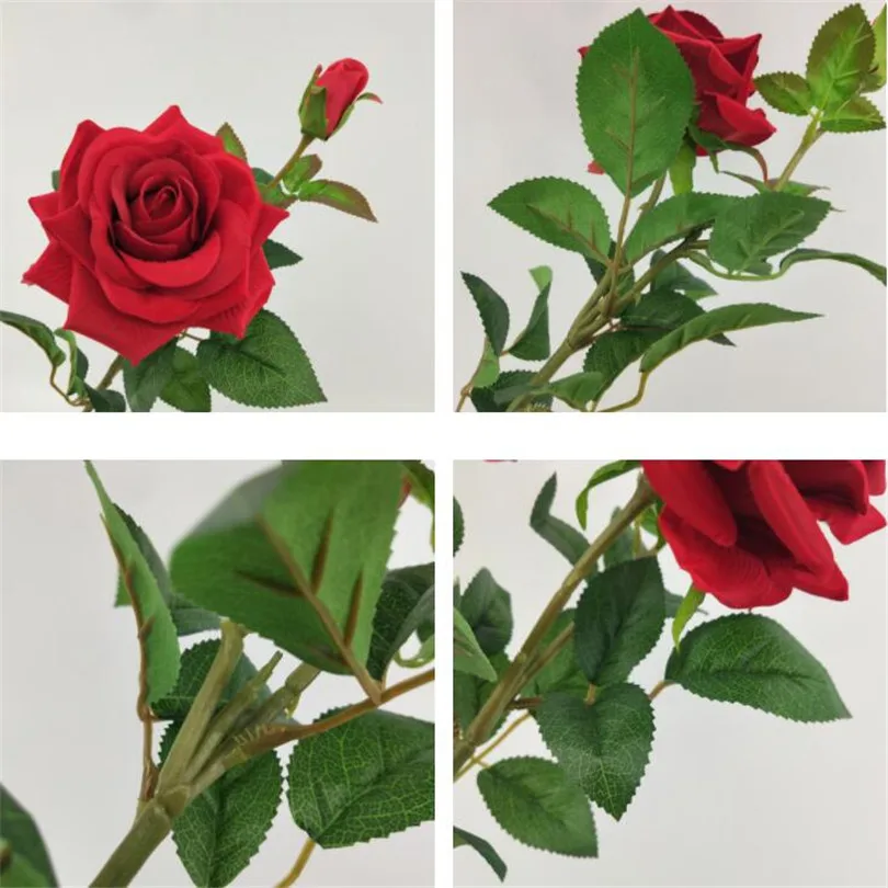 Искусственная красная роза стебли поддельные 60 см роза с зеленым листом и бутон розы для Свадебный букет центральные столы украшения