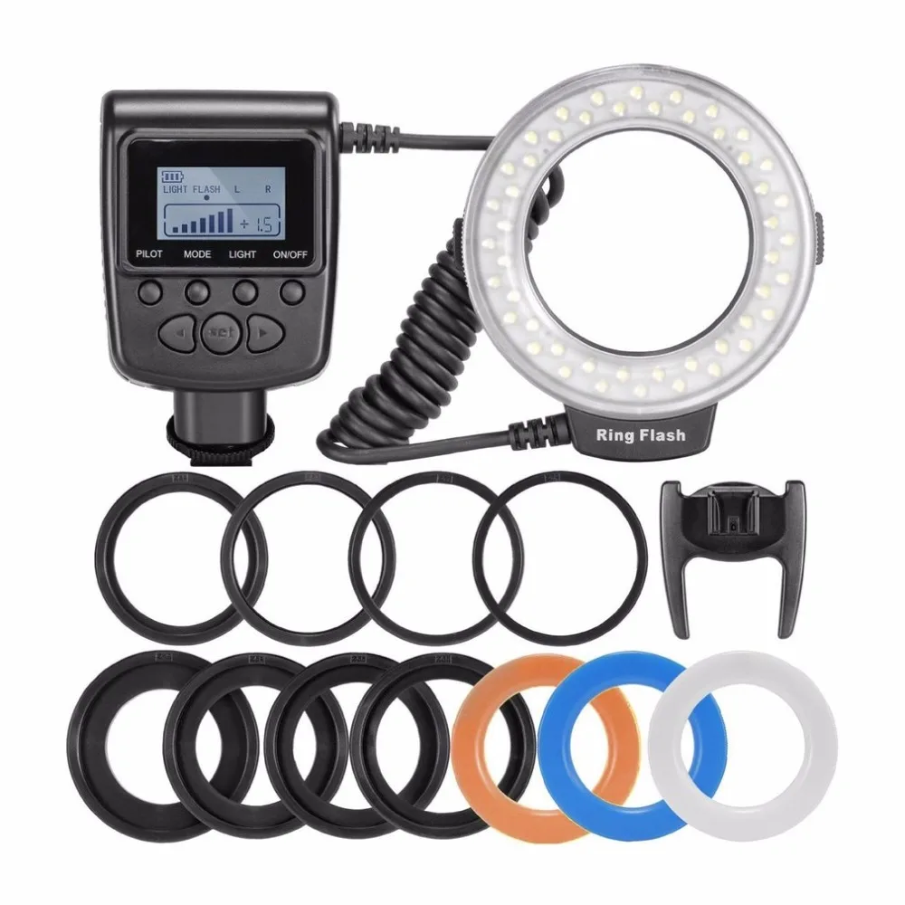

48 Macro LED Ring Flash Bundle with LCD Display Power Control Adapter Rings and Flash Diffusers for Canon for Nikon DSLR