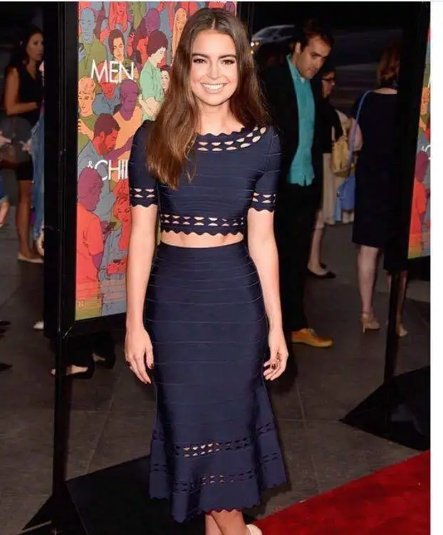 

wholesale dropshipping 2015 New Arrival blue short sleeves scalloped midi 2 piece celebrity party prom bandage Dress + suit