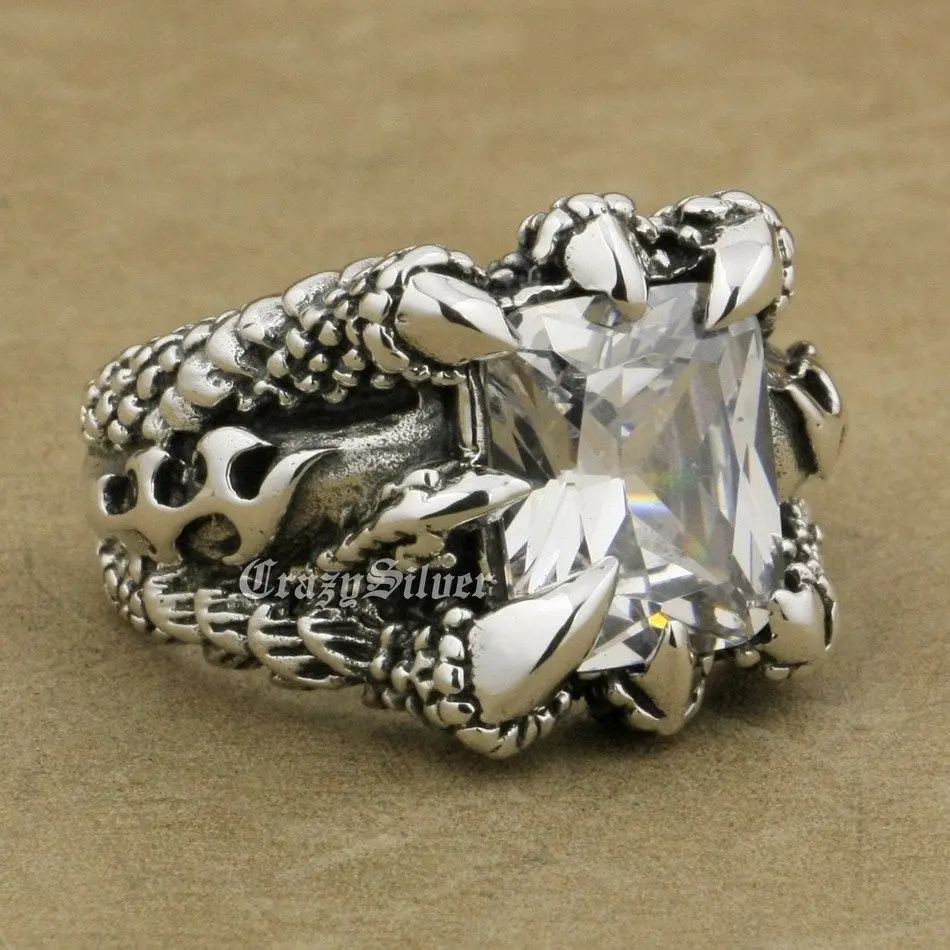

US Size 8 ~ 13 Huge White CZ Stone 925 Sterling Silver Dragon Claw Mens Biker Rocker Punk Ring 8T302