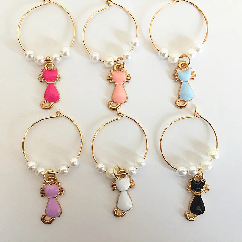 6 Pieces Kitty Cat Wine charm New Fashion Wine Glass Charms Rings Marker Christmas Party Bar Table Decorations Christmas Gift wine glass markers