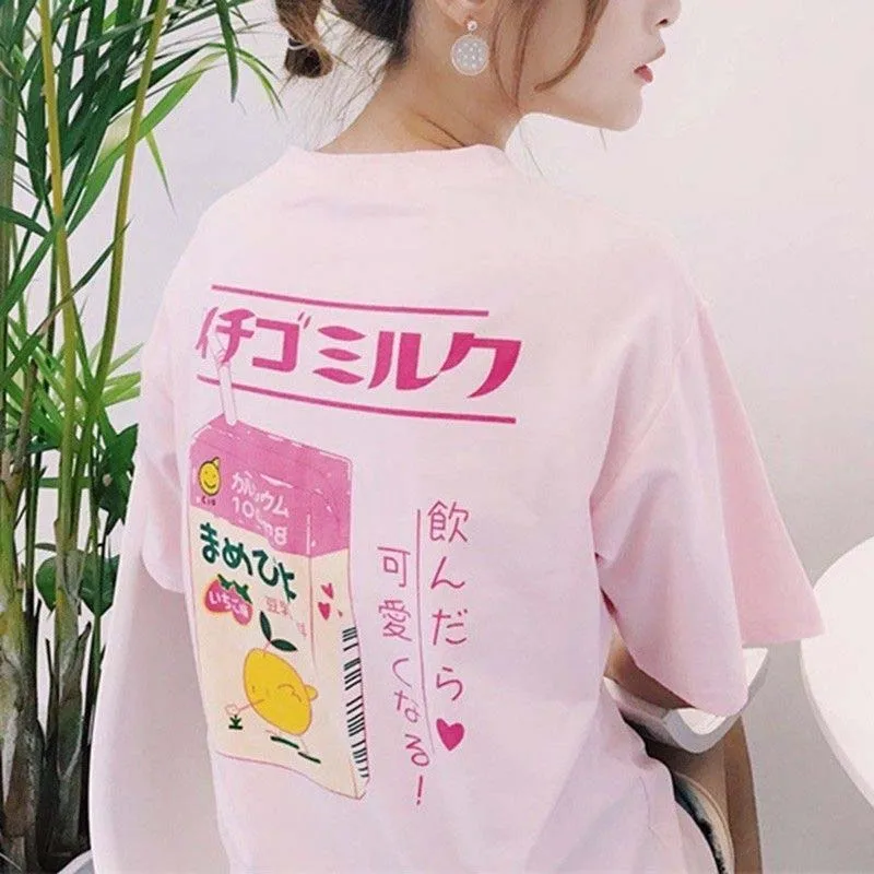 

Fashion Women Harajuku Kawaii T-shirt Strawberry Milk Box Fairy Kei Short Sleeve Pink White Cotton Round neck Summer Tops