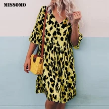 MISSOMO 5XL Женская одежда размера плюс 5XL v-образный вырез Леопардовый принт средний рукав пляжное платье женское повседневное вечернее платье vestidos