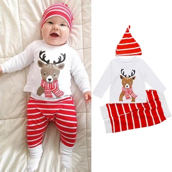 

Hot 3PCS Newborn Baby Christmas Suits Cotton Whaite T-shirt+ Stripe Pants+Hat Cartoon Deer Pattern Infant Set Christmas Gift