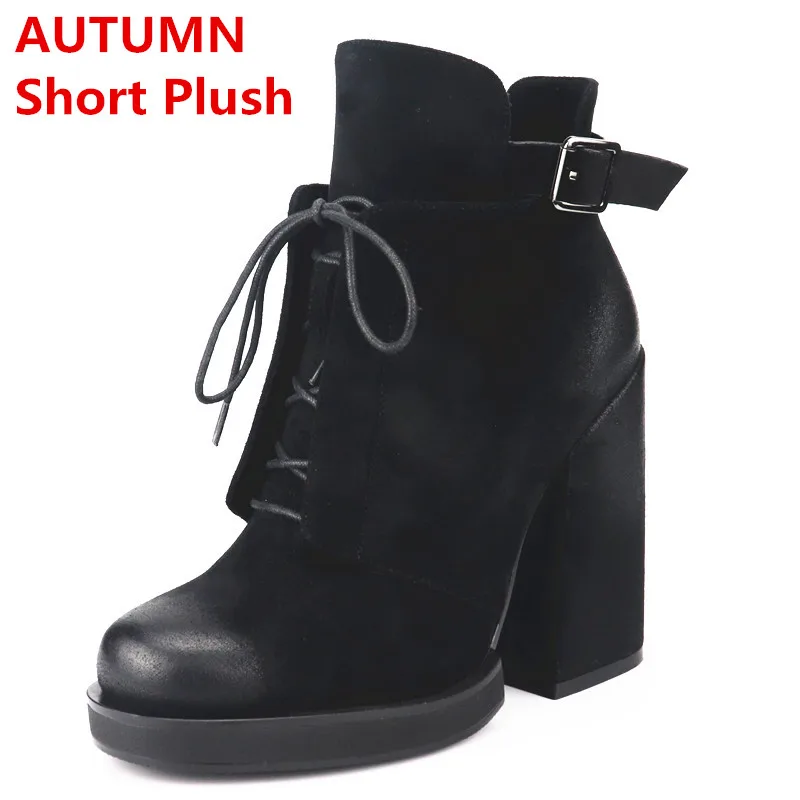 ASUMER/ г., новые женские ботинки для России осенне-зимние ботинки на высоком квадратном каблуке ботильоны для женщин из мягкой искусственной кожи на шнуровке - Цвет: black 2 short plush