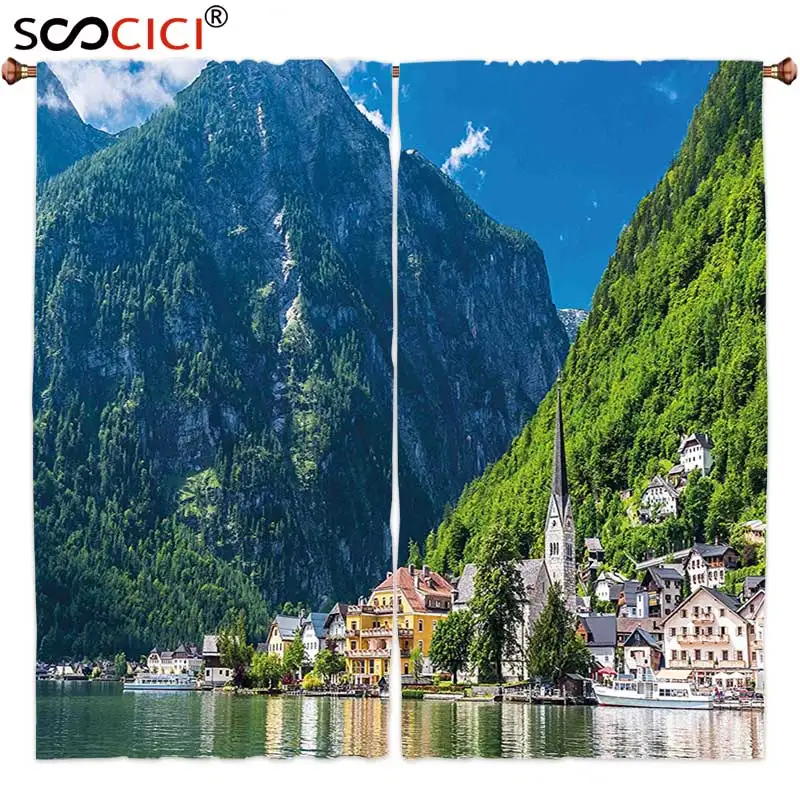 

Window Curtains Treatments 2 Panels,Landscape Natural View of Hallstatt in Austria Mountains Forest Town Houses Clear Sky Green