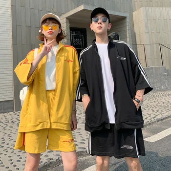 

Summer Unisex Hipster Two Piece Set Streetwear Solid Cartoon Loose Shor Sleeve Zip Tops + Shorts Harajuku Suit Sets Black Yellow