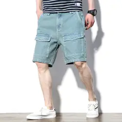 Новые летние повседневные однотонные хлопковые джинсы, шорты мужские короткие штаны модные мульти-джинсовые шорты с карманами мужские