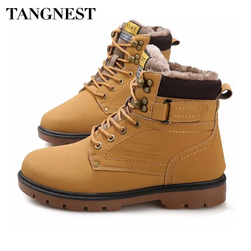 

Tangnest Winter Fur Men Boots Casual Lace Up Safety Work Boots Autumn Men Platform Shoes Rubber Snow Boot Man Big Size 46 XMX637
