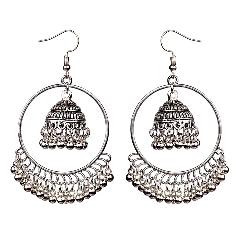 Indian Jhumka Jewelry Gold Sliver Small Bells Drop Tassel Earrings Women Girls Boho Ethnic Big Round Circle Dangling Earring