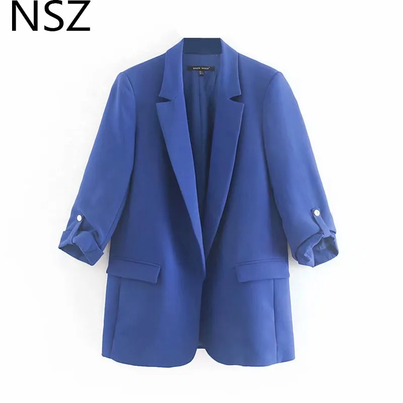 

NSZ Women Blue Solid Blazer Roll Up Sleeve Office Lady Work Jacket Business Coat Outerwear