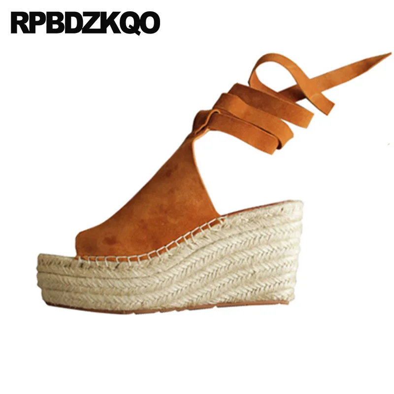 

Brown Women Peep Toe Shoes Espadrilles High Heels Wedge Platform Lace Up Designer Pumps Ladies Strap Sandals Genuine Leather