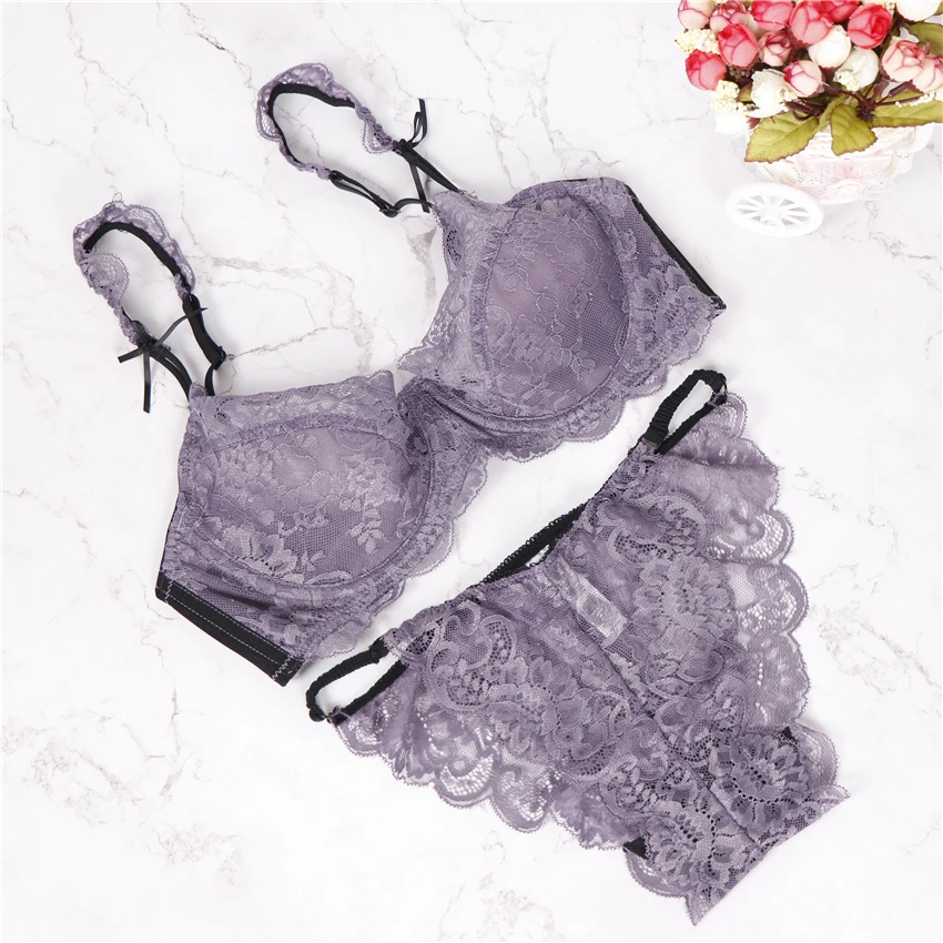 

2018 breathable sexy bra lace transparent ultra-thin sponge push up white black purple young girl underwear bra set