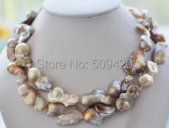 

Free Shipping >>2row 33mm PINK LAVENDER BAROQUE KESHI REBORN PEARL NECKLACE