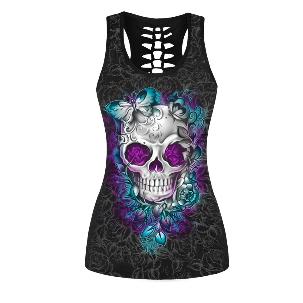 

Women T-shirt Black Hole Out Sexy Tank Top Vest Tops 3D Skull Printing Camisole Knitted Polyester Women Tops