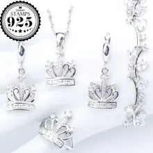 Корона, белый цирконий, серебро 925, комплект ювелирных изделий для костюма, ожерелье, браслеты, подвеска, кольцо, серьги с камнями для женщин, набор, подарочная коробка