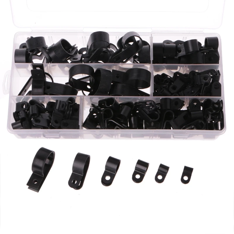 

OOTDTY 200pcs Black Nylon P Type Cable Clamp Fastener Plastic Wire Clips Cable Cord Clip
