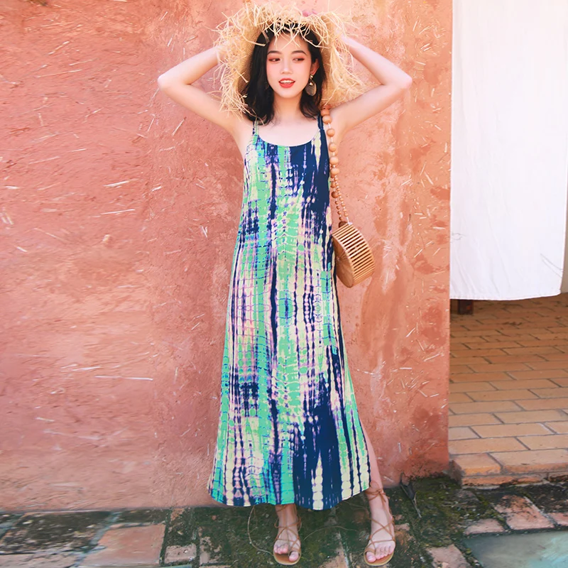 

Women Summer Long Print Beach Dress Straps Sexy Tropical Vacation Sea Maxi Sundress Female Boho Slim Runway Korean Dress Casual