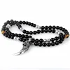 Punk gótico Lobo Diente de acero inoxidable colgantes 8MM abalorios de piedra negra declaración collar cadena 26