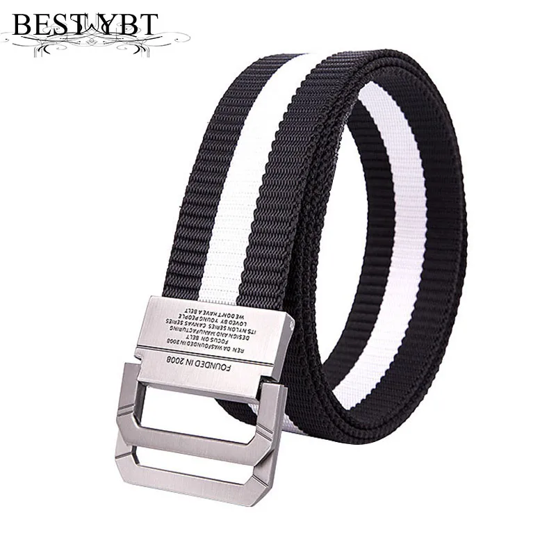 

Best YBT Unisex belt new stripe Nylon Alloy double ring buckle Men belt outdoor sport casual Men and Women cowboy belt