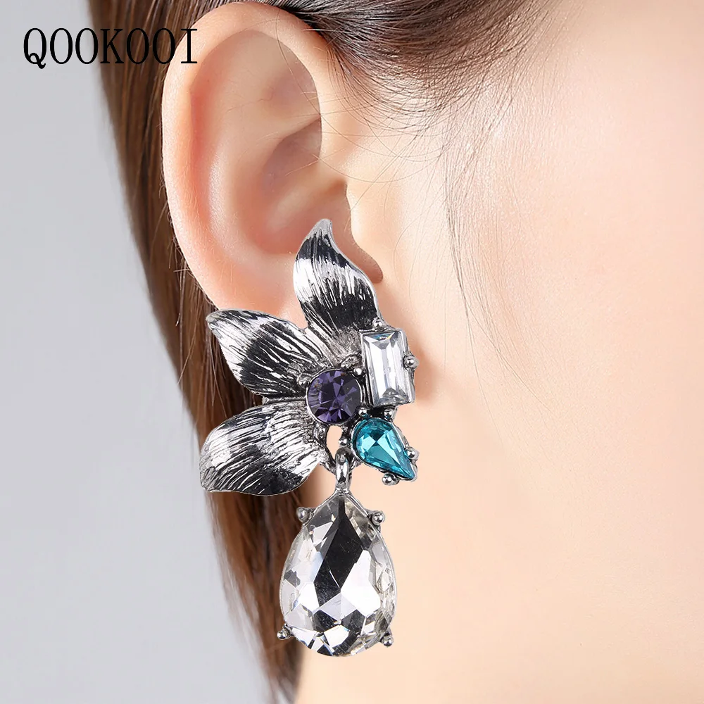 QOOKOO I Metal Leaves Earrings Clear Crystal Flower Pendant Earing Waterdrop Alloy Statement Vintage Short Dangle Women | Украшения и