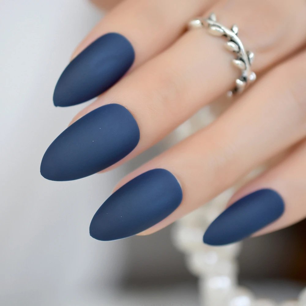 Good Feeling Blue Black Matte Frosted Stiletto Oval False ...