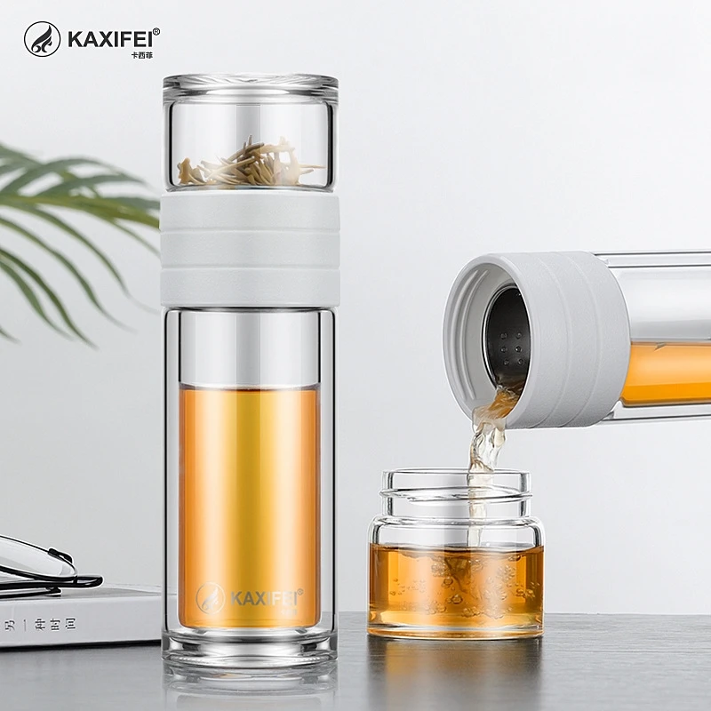 

2019 New KAXIFEI Glass Water Bottles Portable Double Wall 360ml Glass Cup Tea Infuser Climbing Camp Tour My Drink Bottle