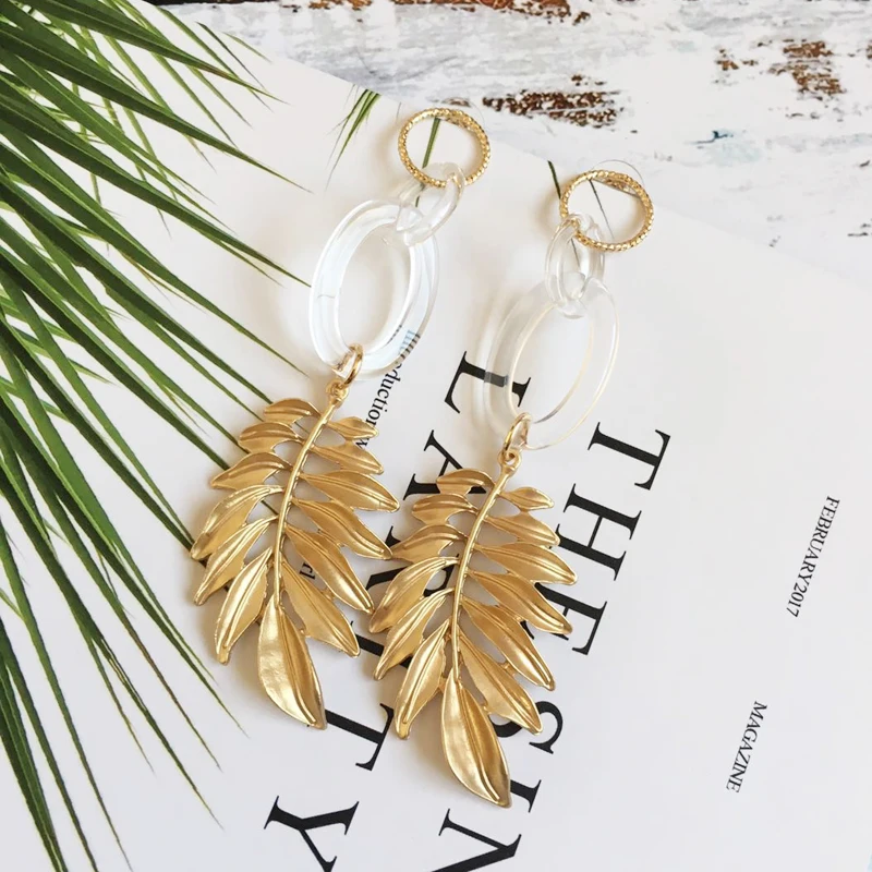 

Coco&willow Gold Color Big Leaf Dangle Earrings For Women Long Trendy Clear Acrylic Drop Earrings Fashion Jewelry Accessories