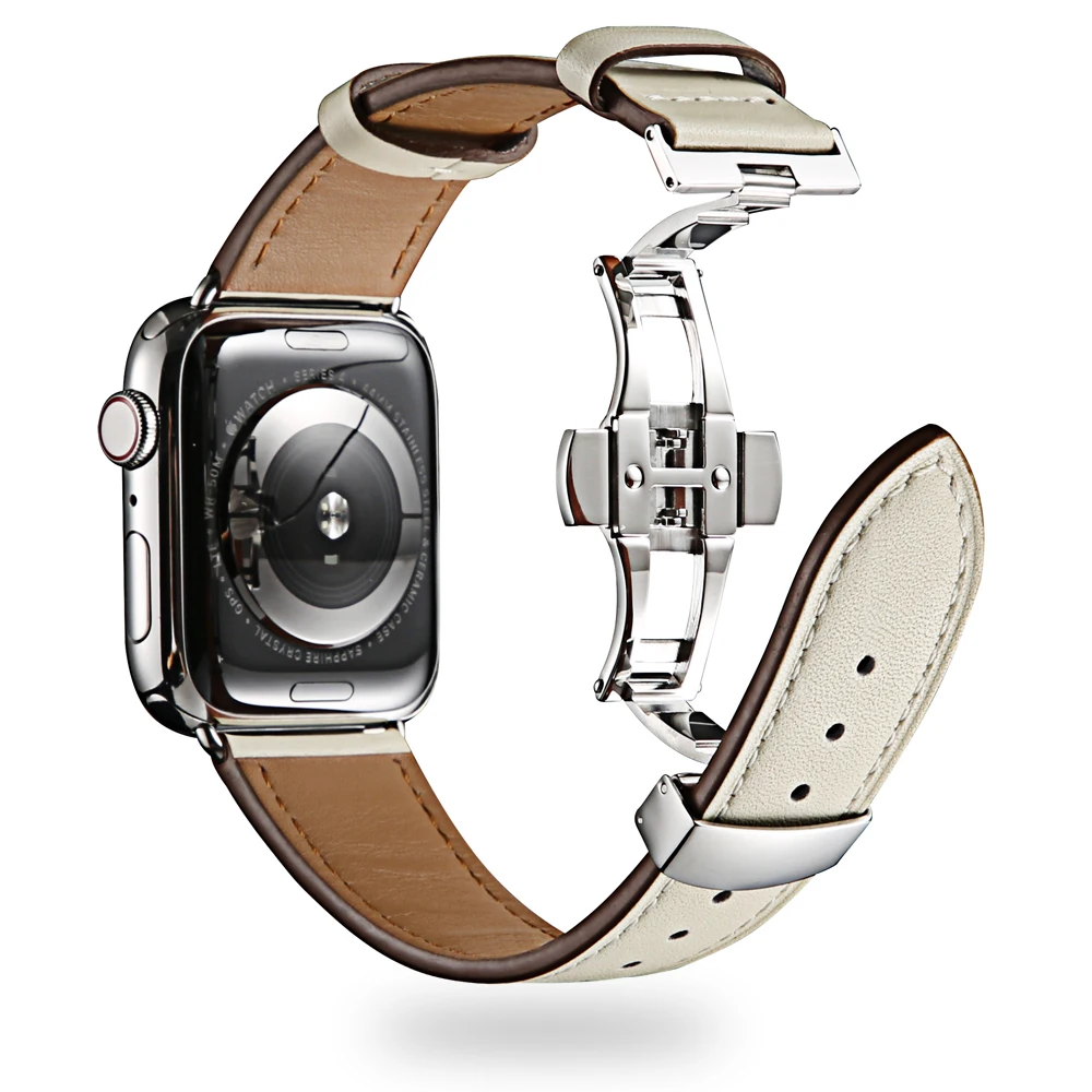 Кожаный ремешок для Apple watch Series 5 4 band 44 мм 40 мм iwatch 4 3 watch 4 3 42 мм 38 мм браслет Ремешки для наручных часов - Цвет ремешка: white silver